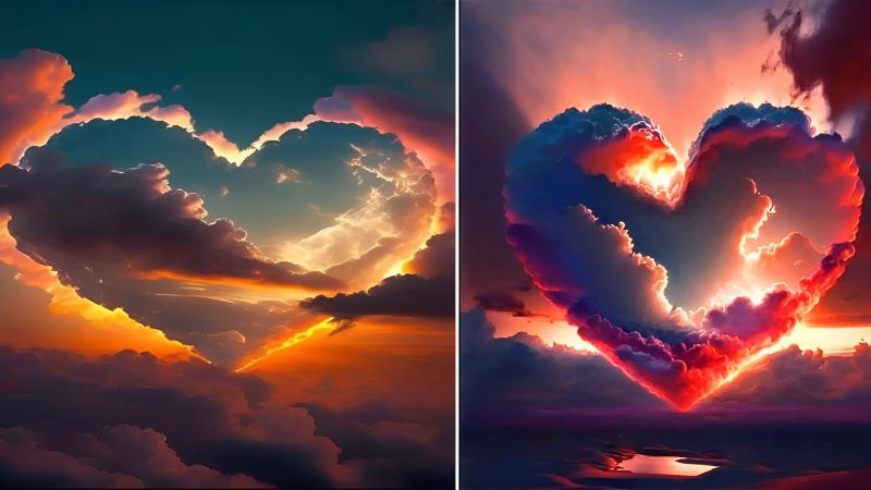 A breathtaking spectacle, where clouds and the dazzling sunset engage in a fiery embrace of love.