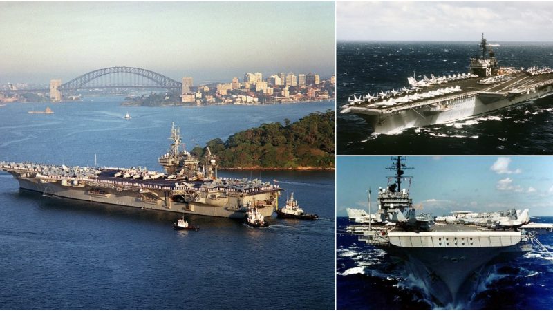 Majestic Port Bow View of USS Constellation (CV-64) Sailing with Fighter Jets Ready for Action