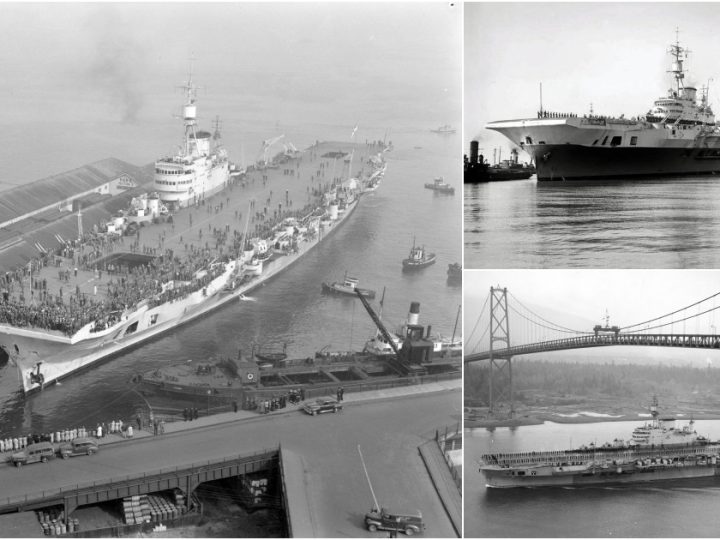 Royal Navy’s HMS Implacable (R86) Docked in Vancouver After Troop Delivery from Manila, October 1945